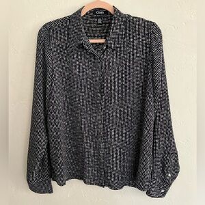 Chaps Navy White Polka Dot Button Down Blouse Large